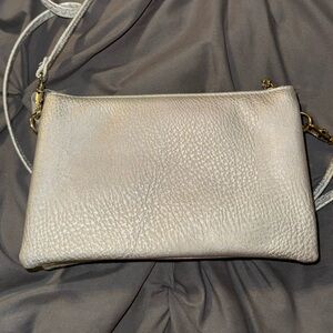 Silver cross body or wristlet purse with 3 compartments